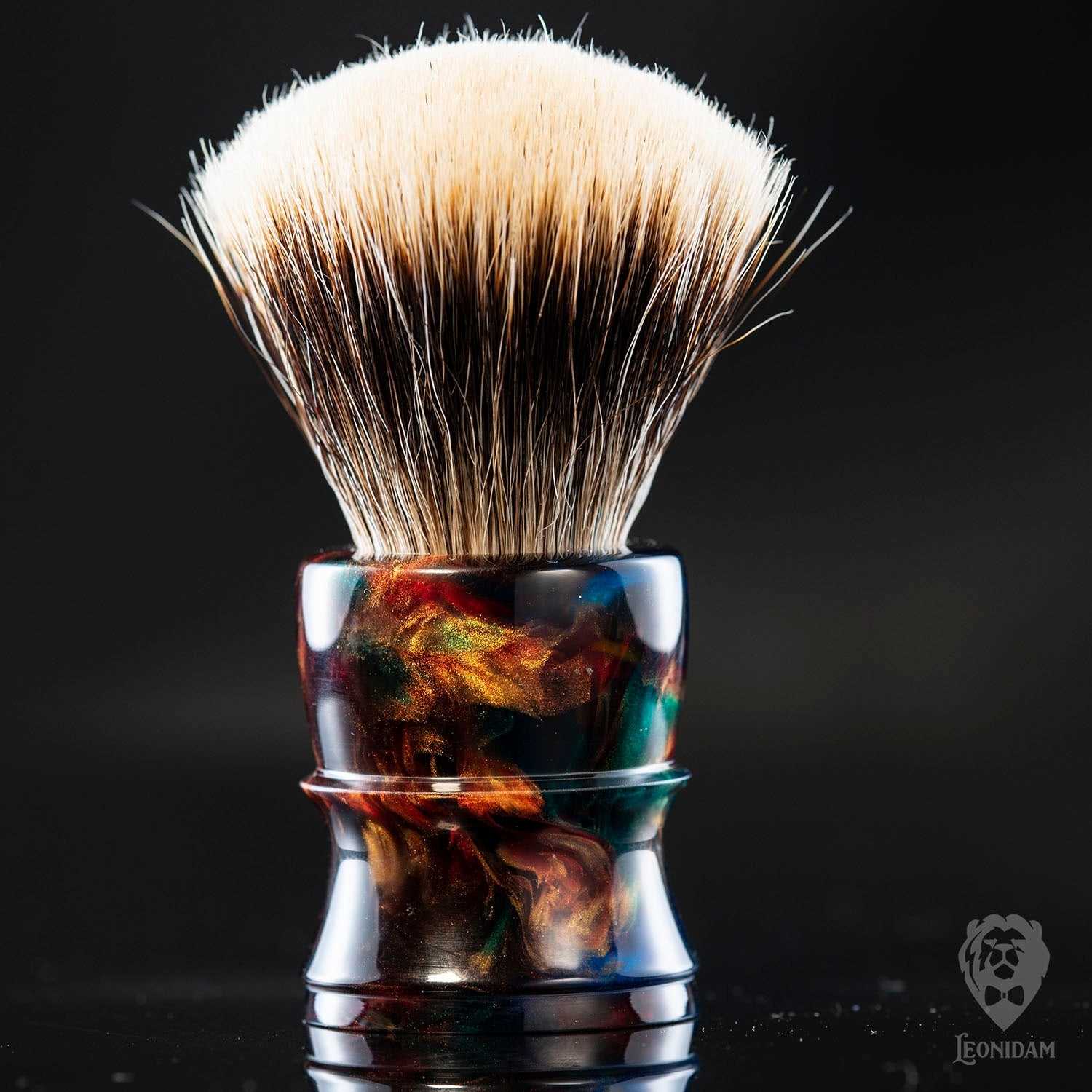 Handmade shaving brush "Phoenix", with blue, red and gold hand poured resin handle. 