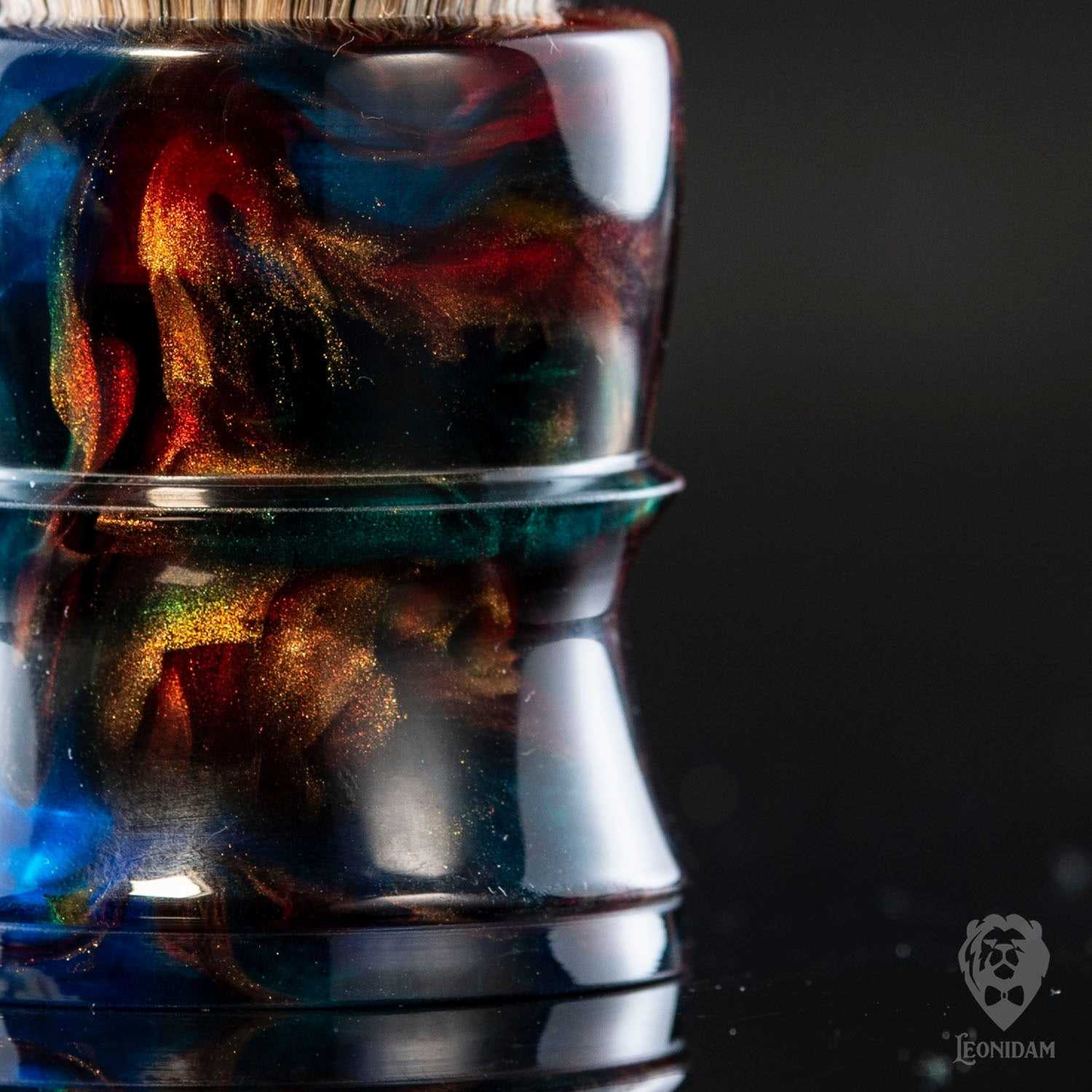 Handmade shaving brush "Phoenix", with blue, red and gold hand poured resin handle.