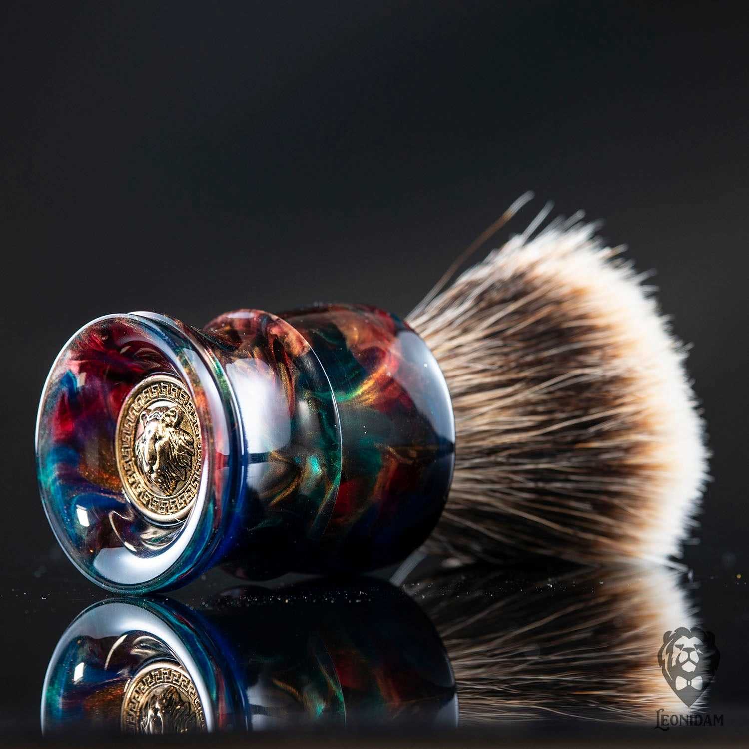 Handmade shaving brush "Phoenix", with blue, red and gold hand poured resin handle.