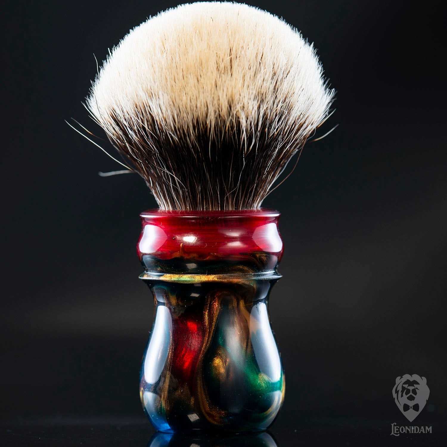 Handmade shaving brush "Vivaldi", with blue, red and gold hand poured resin handle .