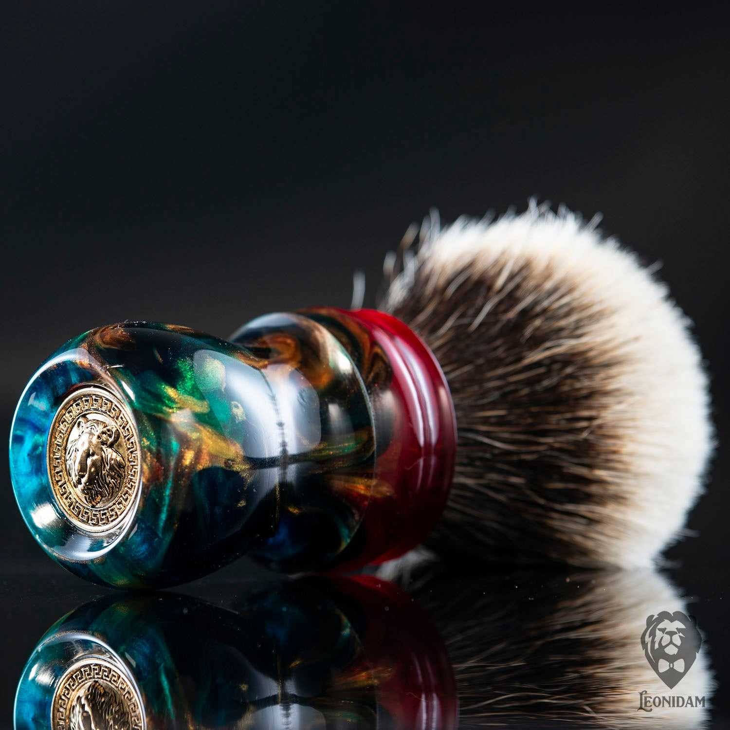 Handmade shaving brush "Vivaldi", with blue, red and gold hand poured resin handle .