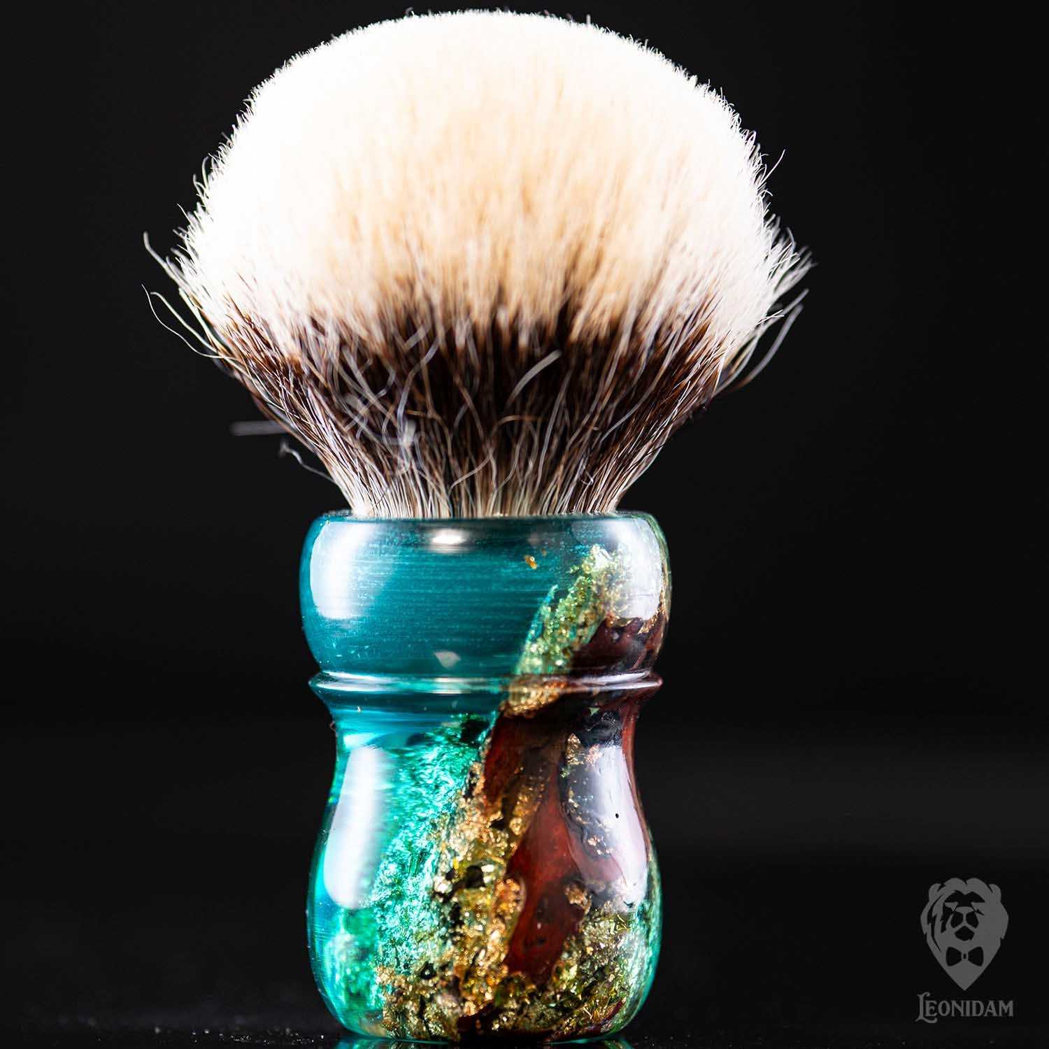 Handmade Shaving Brush "Doge" in stabilized mooring post wood covered with gold and blue resin