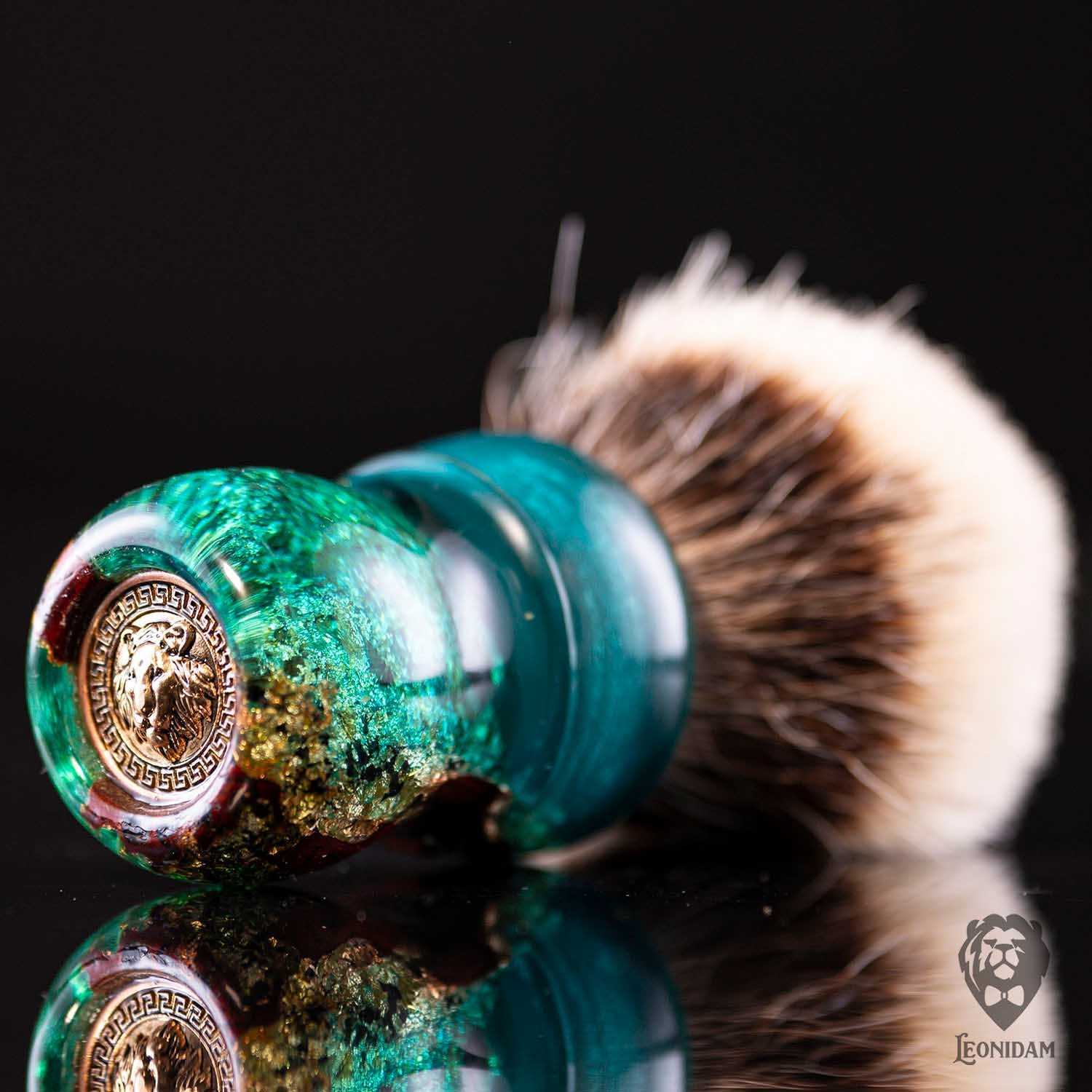 Handmade Shaving Brush "Doge" in stabilized mooring post wood covered with gold and blue resin