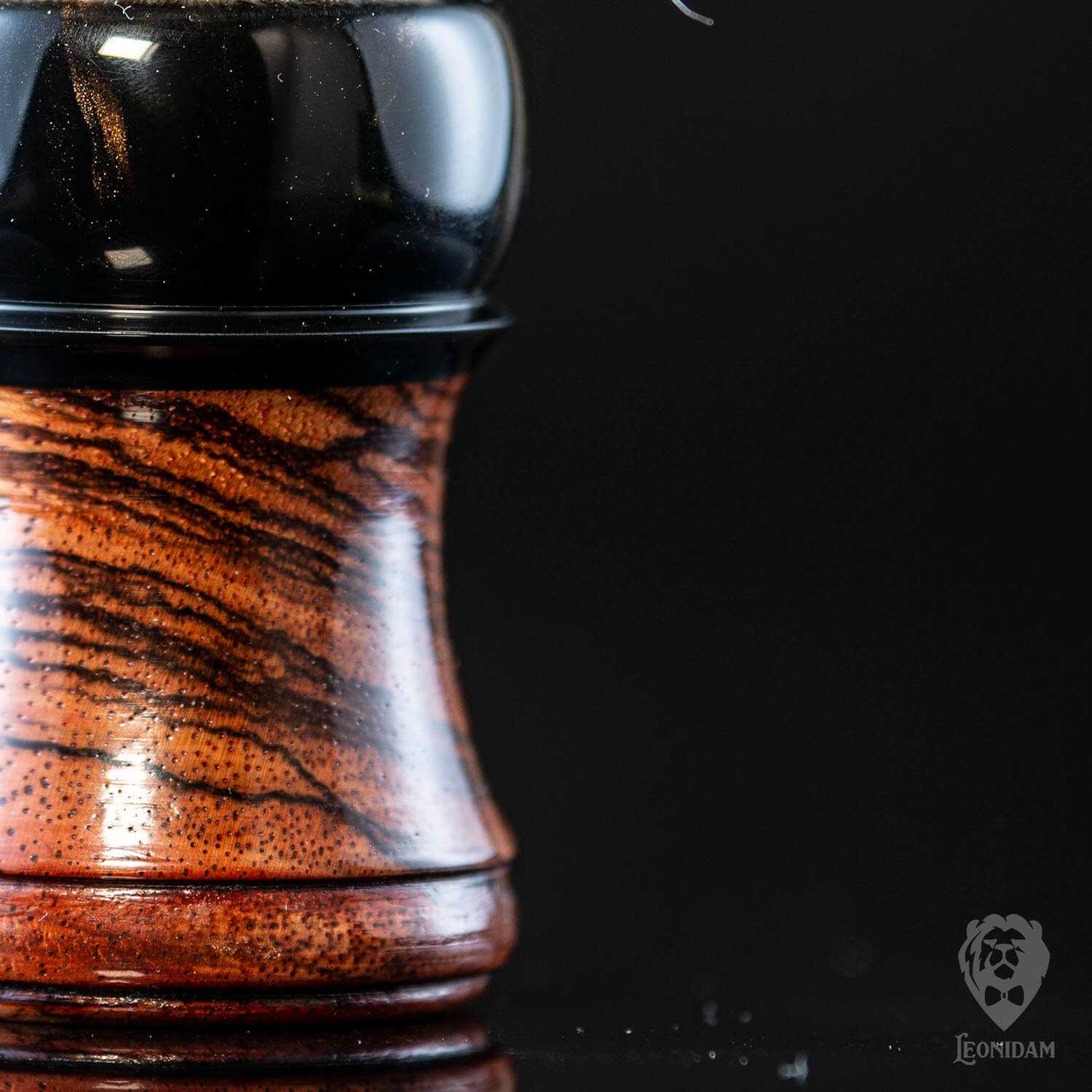 Closeup of Wooden Shaving Brush "Venator" in stabilized zebrano and dark resin