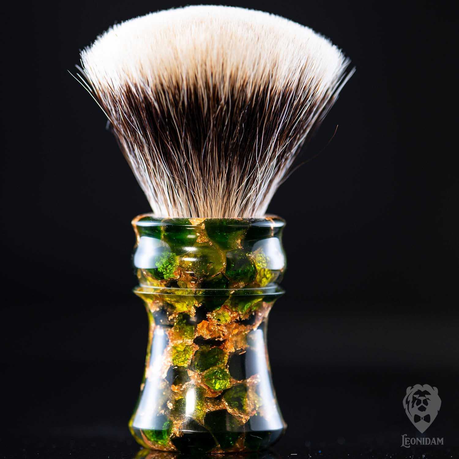 Handmade Shaving Brush "Vertigo" in polished green and gold resin.