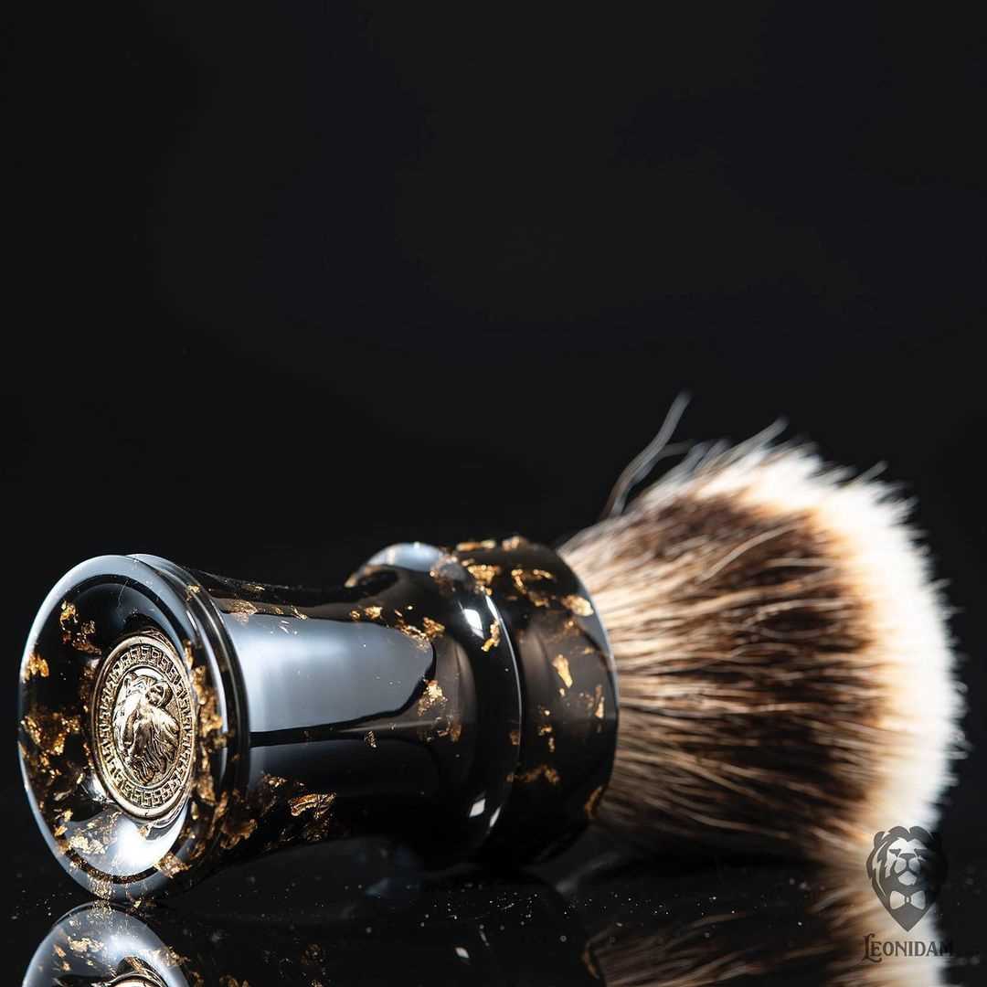 Handmade shaving brush "Aurelio", with black, hand poured resin handle and gold flakes.