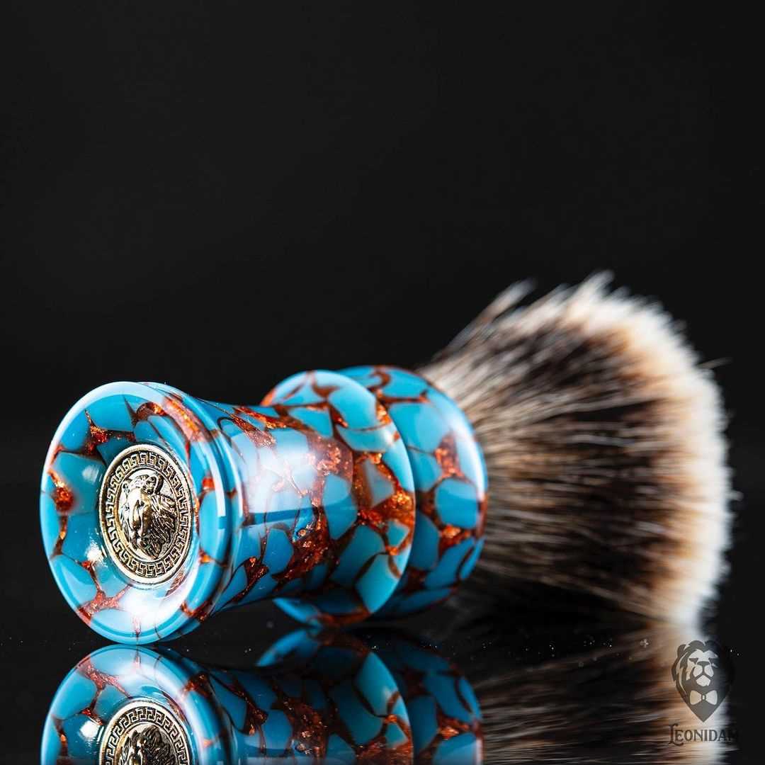 Handmade Shaving Brush "Molten Turquoise" in polished turquoise and copper resin