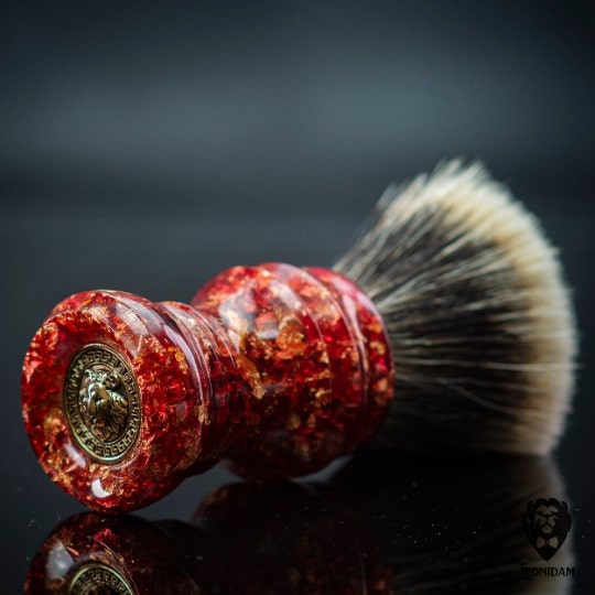 Handmade Shaving Brush HANDLE "Fireblast" in polished red resin with gold flakes