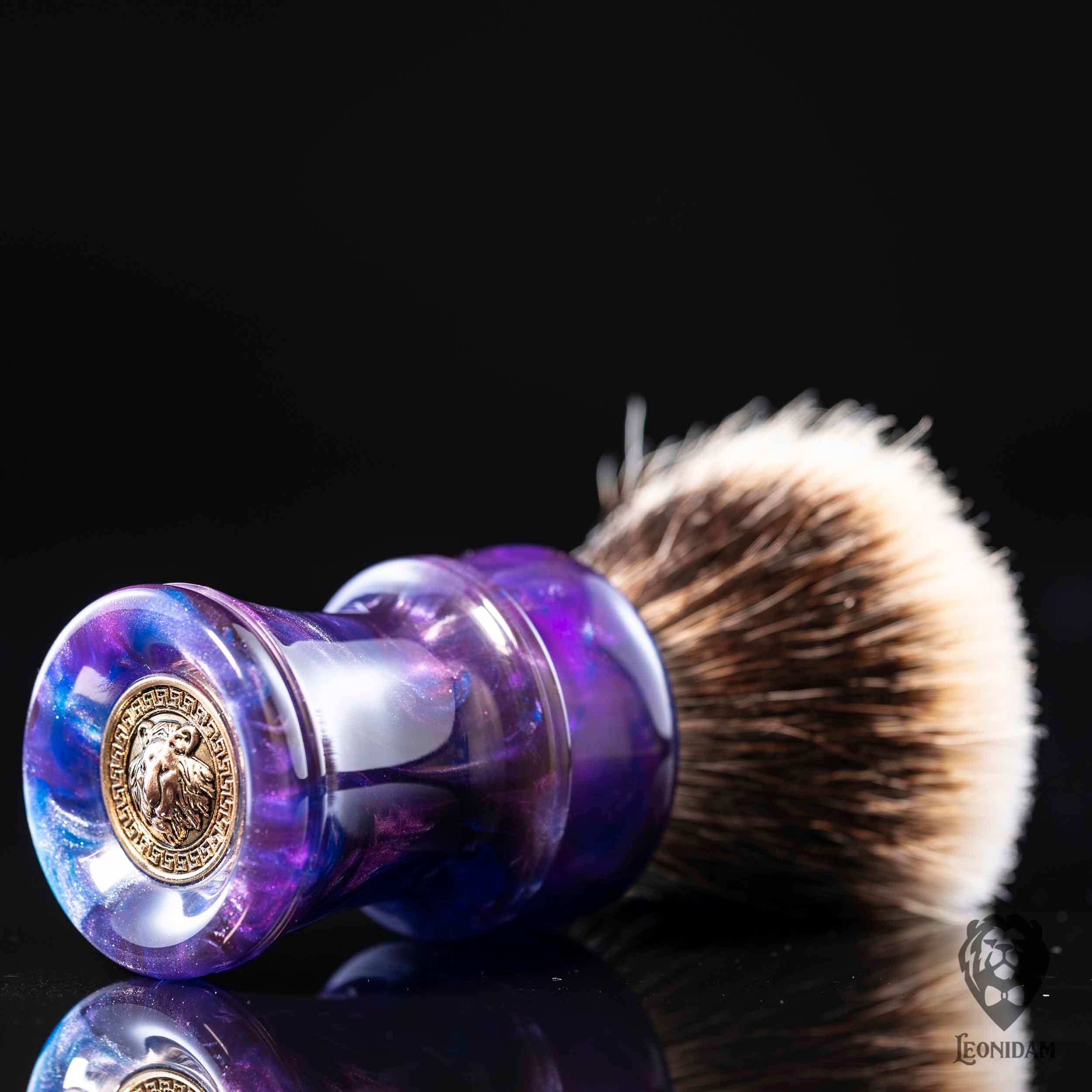 Handmade Shaving Brush "Purple Rain" in polished purple, blue and silver resin