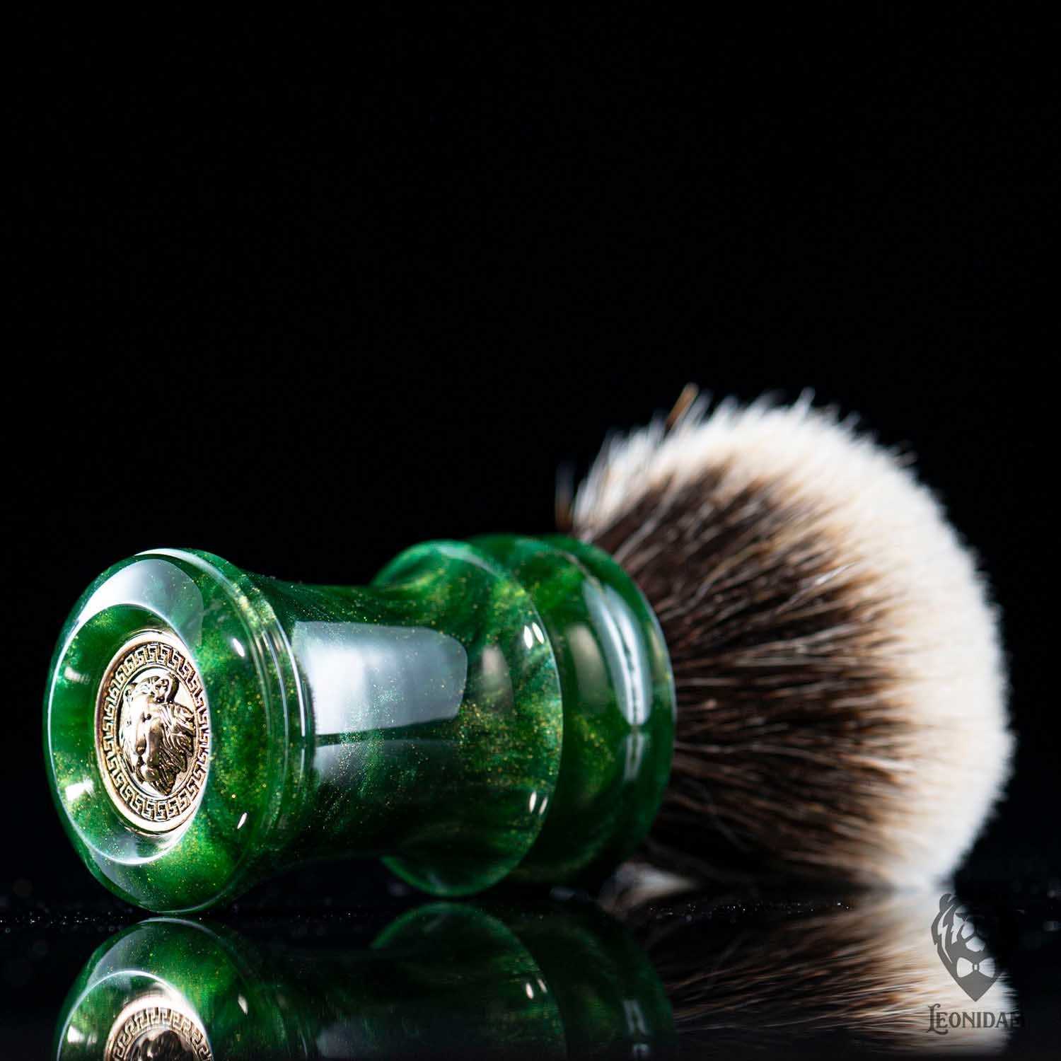 Handmade Shaving Brush "Verdelite" in polished green and gold resin