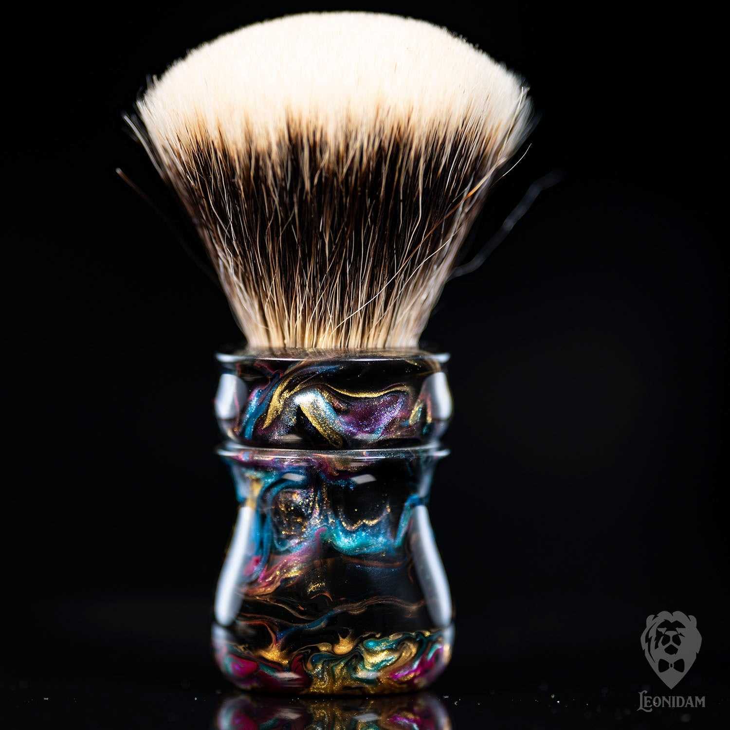 Handmade shaving brush, with black resin and colorful handpoured resin handle.