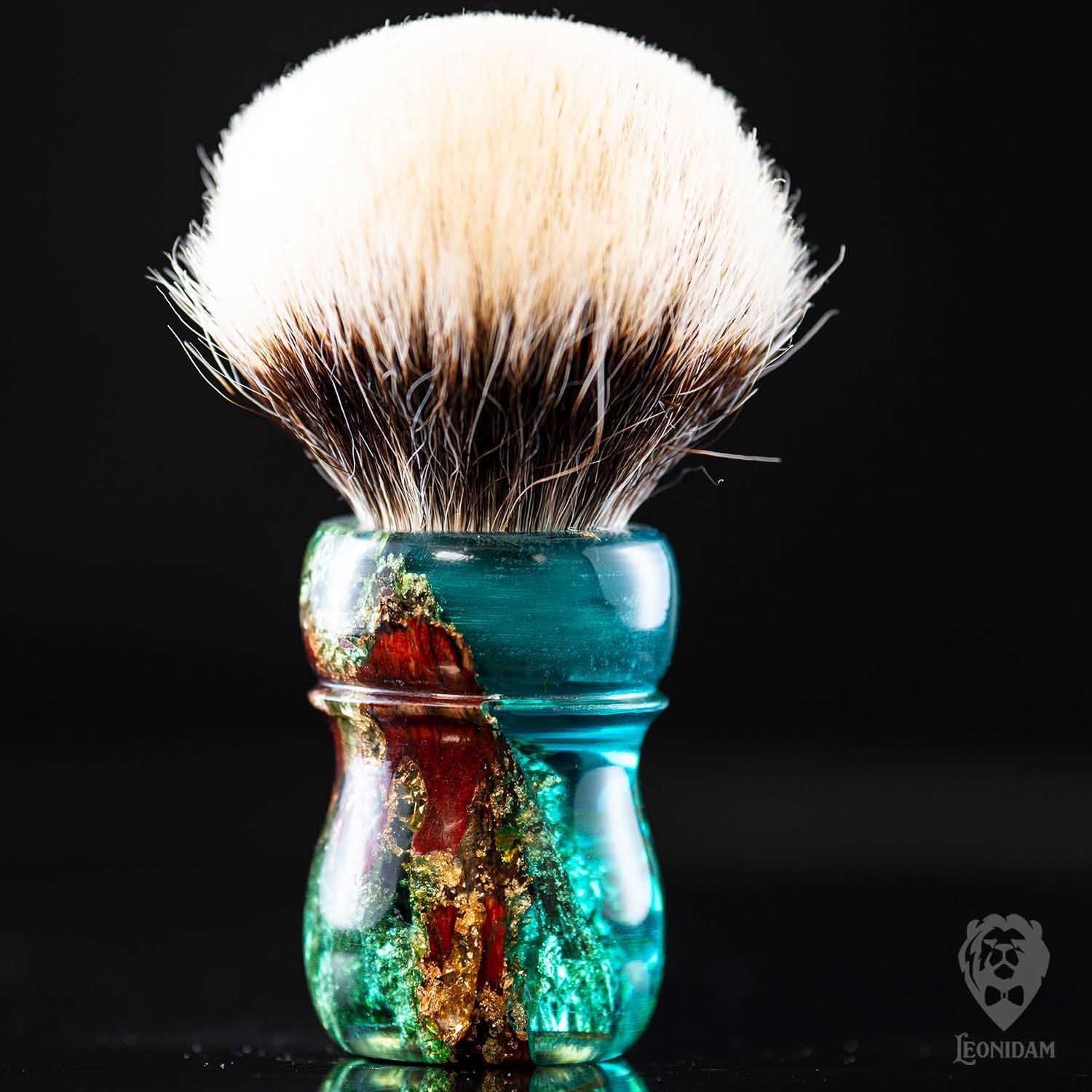 Handmade Shaving Brush "Doge" in stabilized mooring post wood covered with gold and blue resin