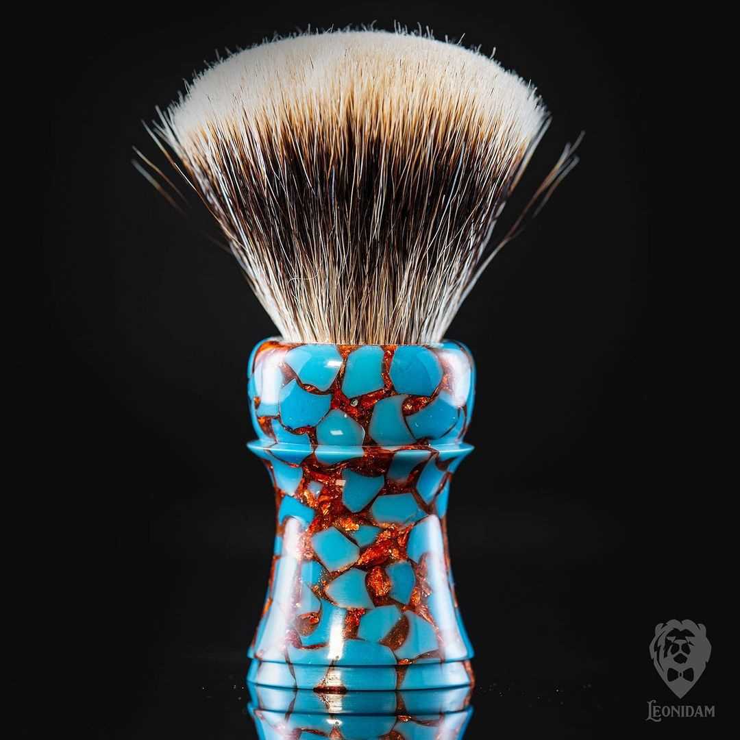 Handmade Shaving Brush "Molten Turquoise" in polished turquoise and copper resin