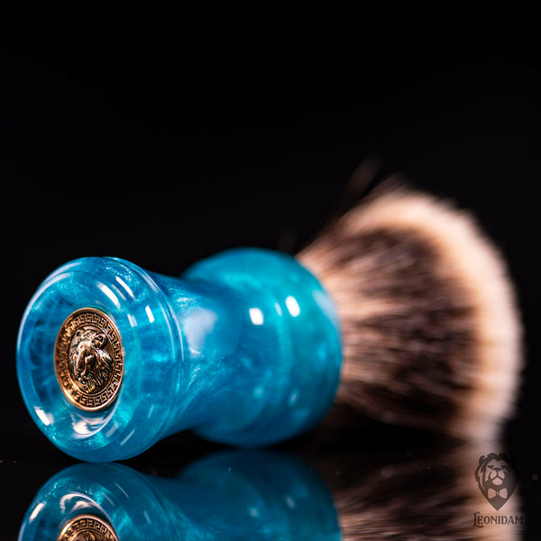 Handmade Shaving Brush "Adrion" in polished light blue and silver resin.