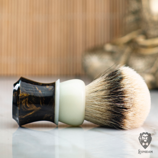 Handmade Shaving Brush "Epsilon" in polished brown and white hand poured resin