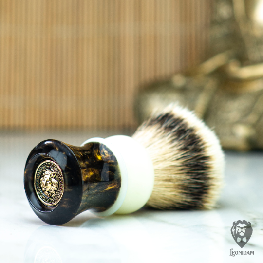 Handmade Shaving Brush "Epsilon" in polished brown and white hand poured resin