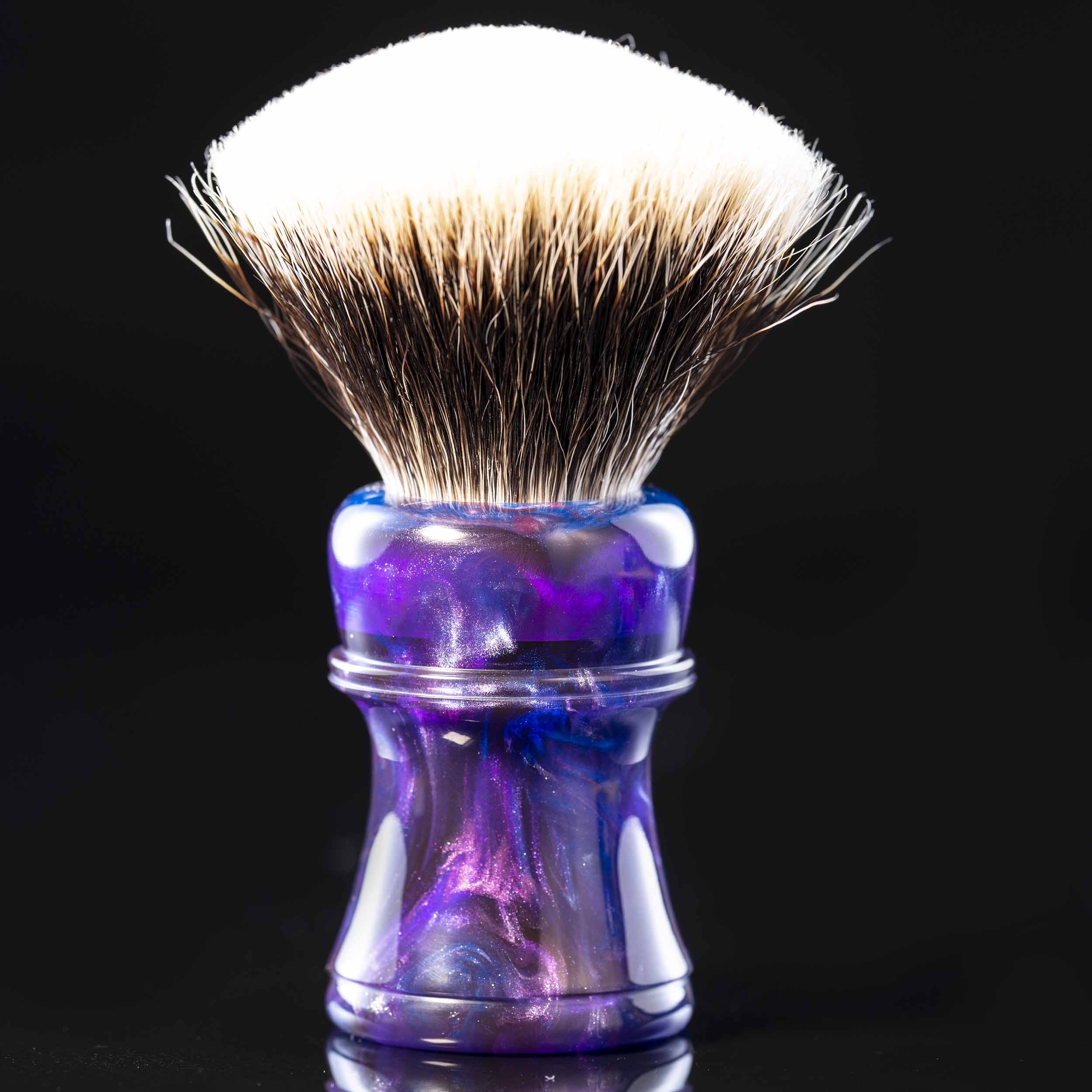 Handmade Shaving Brush "Purple Rain" in polished purple, blue and silver resin